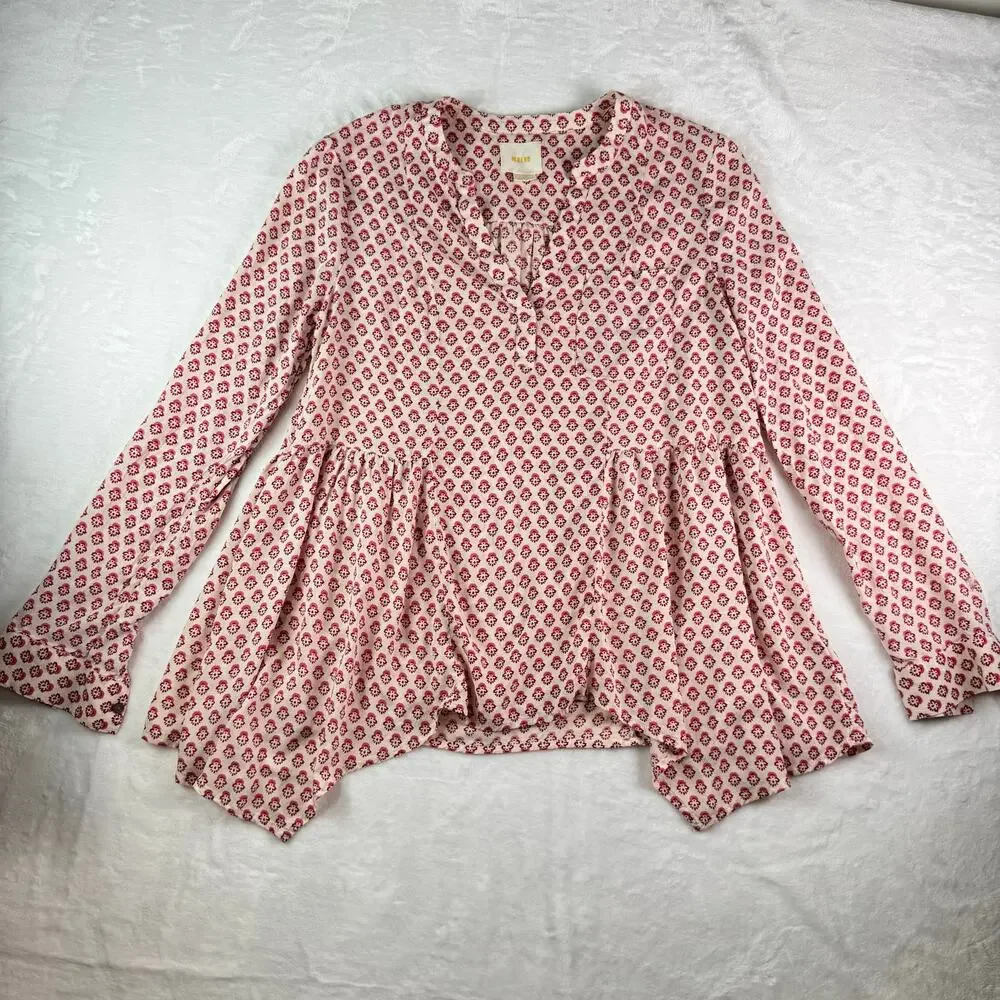 Maeve Pink floral Laiken Henley Tunic Top Sz 6 Flowy Boho Cottagecore - Picture 2 of 9